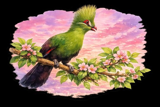 Green Guinea turaco with pink sky against black background, Illustration
