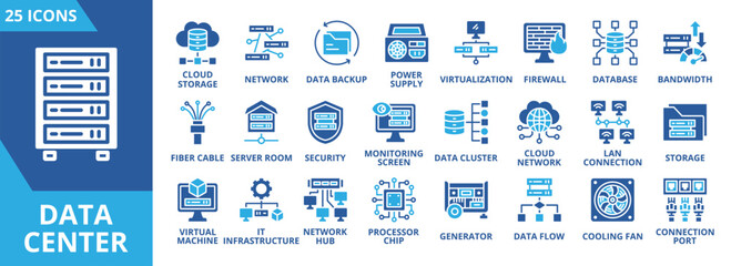 Data center icon collection set. Containing server, storage, data, virtualization, firewall, database, bandwidth, security icon. Simple flat vector