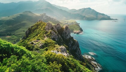 Explore stunning coastal landscape featuring rocky cliffs, lush greenery, and tranquil sea under a bright blue sky