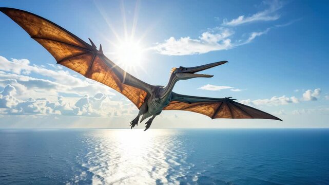 Pterodactyl Dinosaur Flying Over Ocean Under Bright Sun and Clouds