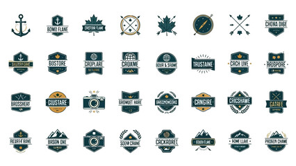 Collection of vintage style emblems and badges with nautical and outdoor themes