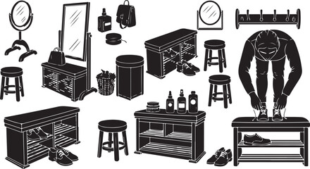 Black and white illustration of a shoemaker's workspace tools