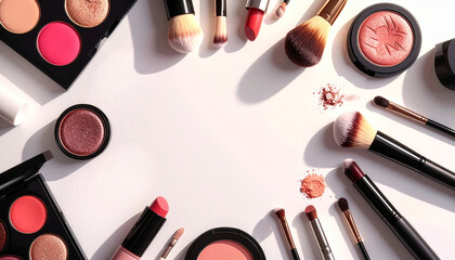 Makeup Flat Lay with Copy Space Surrounded by Cosmetics