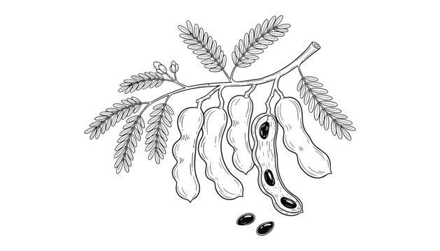 Hand drawn tamarind branch with pods and leaves line art illustration on transparent background
