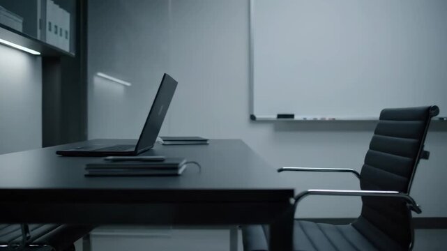 A clean and minimalist office meeting room with a laptop on a dark table and an empty chair. Ideal for corporate, business, and professional themes.