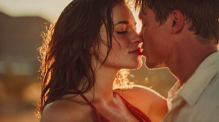 A romantic young couple kissing at sunset in nature, the warm golden light illuminating their faces and silhouettes, a concept of love, passion, and summer relationships.