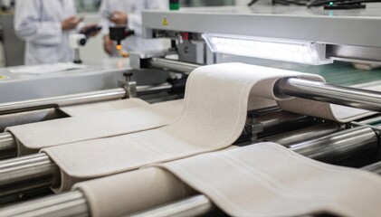 Wide elastic bands with soft edges passing through quality inspection stations on a production line emphasizing careful craftsmanship and material softness.