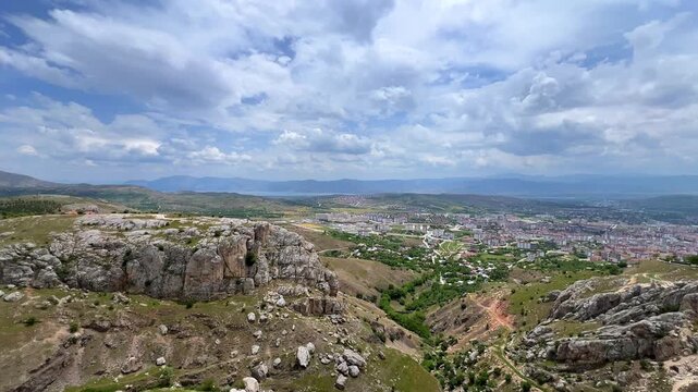 View of the city of Elazig from Harput Fortress, Eastern Anatolia, Turkey. Harput Castle or Harberd, also known as Sut Kalesi. Ancient city. The city of Elazig is located at the foot of the mountains.
