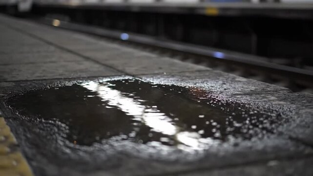 A close-up shot of a water puddle on a subway platform, reflecting the lights and a train passing by.