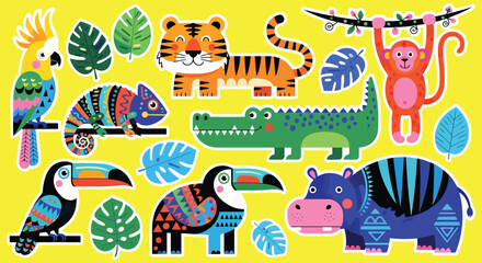 Obraz premium Colorful cartoon jungle animals and tropical leaves on a bright yellow background