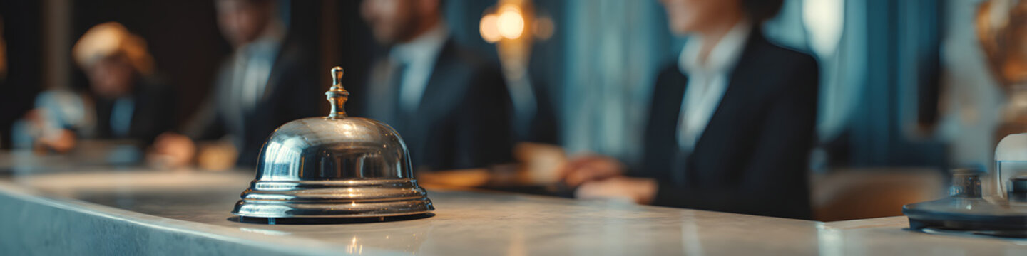 A silver service bell sits on a counter, with people blurred in the background, possibly in a hotel lobby or at a reception desk. 