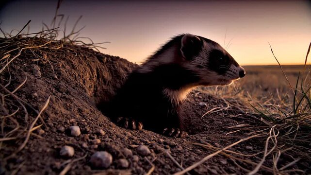 Black Footed Ferret peering from its prairie burrow