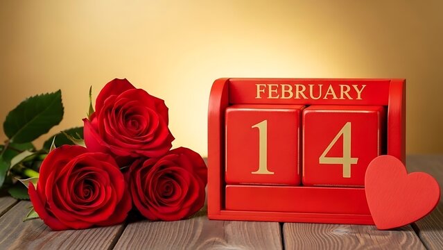 Red roses and a perpetual calendar showing February 14th, the date for Valentine's Day