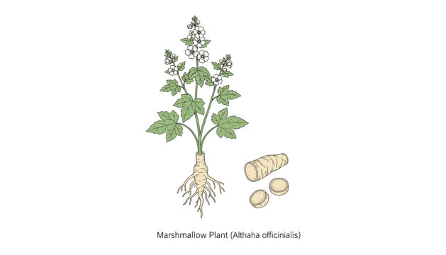 Marshmallow plant althaha officinalis vector illustration with leaf root and slice