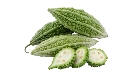 Bitter melons with sliced sections on black background