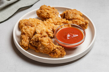 Golden Fried Chicken with Red Dipping Sauce