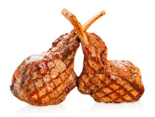 Grilled lamb chops with golden crust and herbs, isolated, perfect for restaurant menu, gourmet cuisine and meat concept
