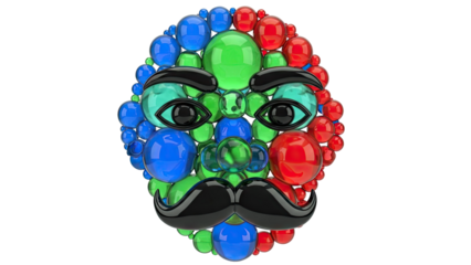 Face formed by colorful glass spheres with a mustache and eyes