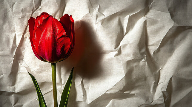 A single vibrant red tulip against a textured white background, showcasing its delicate petals and stem
