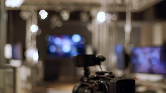 Professional video camera setup in a modern studio environment. Ideal for content creation, filming, and broadcasting purposes