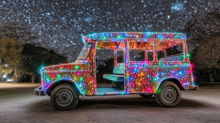 Vehicle adorned with vibrant multicolored lights at night, creating a festive and whimsical display under a starry sky