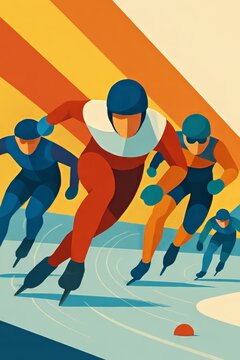 Olympian short track speed skaters  on ice rink, bold vector style