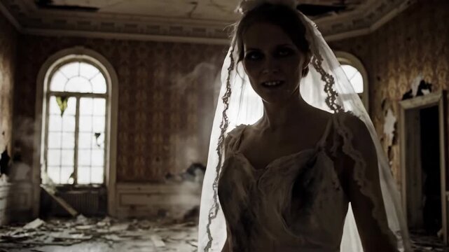 Creepy ghost bride walking in an abandoned mansion. Sinister zombie woman in a tattered wedding dress. Horror and supernatural concept