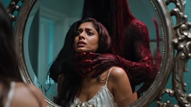 Woman sees a scary monster in her mirror reflection. Supernatural creature grabs her neck, causing terror and fear. Horror concept