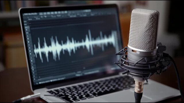 Recording studio setup with professional microphone and laptop displaying audio waveform on screen