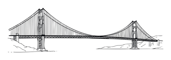 Obraz premium Detailed line drawing of a majestic suspension bridge connecting two landmasses across a body of water, suitable for educational materials or architectural presentations.