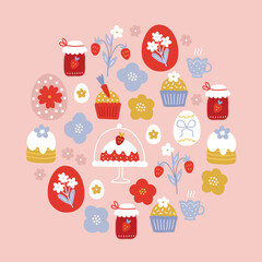 Easter greeting card with jam, eggs, cake, cupcake, flowers, cups on pink background. Circle ornament. Perfect for seasonal holidays and spring decorations. Vector illustration