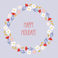 Easter greeting card with flowers, leaves and eggs on light blue background. Perfect for seasonal holidays and decorations. Hand drawn frame, wreath