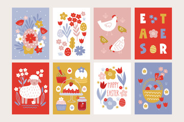 Easter greeting cards with flowers, hen, sheep, cake, basket, eggs, chicken in Red, Pink, Yellow, Blue and White. Perfect for holiday decoration. Vector illustration
