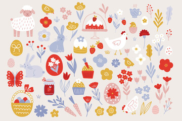Easter set - sheep, rabbit, chicken, cake, cupcake, butterfly, tulip, carrot, jam, basket hen on white background. Perfect for spring greeting cards, decorations. Vector hand drawn illustration