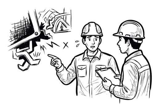 Two construction professionals in hardhats discuss a severe industrial machine malfunction with concern, perfect for safety awareness programs and workplace incident reporting