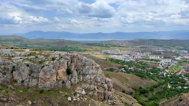 View of the city of Elazig from Harput Fortress, Eastern Anatolia, Turkey. Harput Castle or Harberd, also known as Sut Kalesi. Ancient city. The city of Elazig is located at the foot of the mountains.