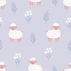 Easter seamless pattern with sheep and flowers on light blue background. Perfect for wallpaper, gift paper, spring greeting cards. Vector hand drawn illustration