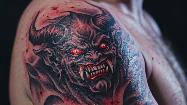 Animated demon tattoo on a man's shoulder. Horror monster with glowing red eyes and fangs. Dynamic body art with movement
