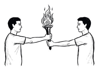 Two young Asian men engaging in a symbolic torch relay representing the passing of knowledge and responsibility, ideal for educational, sports, or corporate inspirational content