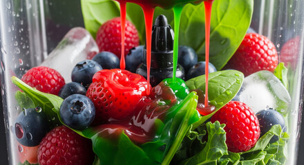 Smoothie Ingredients in Blender. A fresh mix of blueberries, raspberries, strawberries, spinach, and ice inside a blender. Colorful juice is being poured over the fruit
