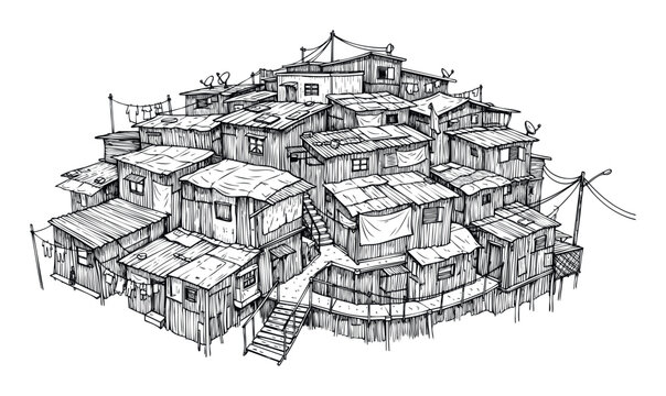 Detailed sketch of a crowded hillside shantytown with numerous makeshift homes and connecting pathways, suitable for urban planning presentations or cultural studies infographics.
