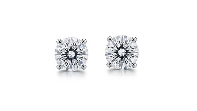 Pair of brilliant round-cut diamond stud earrings in a classic four-prong silver setting isolated on a white background