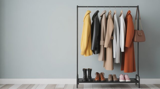 Modern wardrobe display with coats and shoes
