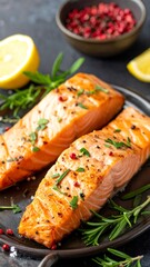 Cooked salmon fillets rest on a dark plate with rosemary, lemon, and peppercorns against a dark background