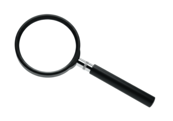Traditional black magnifying glass with chrome band and crystal lens, diagonally floating in zero gravity against a bright white background, detailed macro perspective, forensic science and clarity