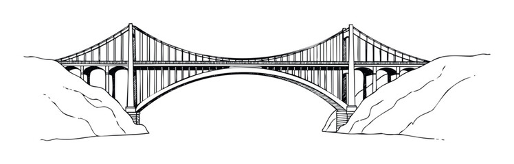 Obraz premium Detailed hand drawn sketch of a grand suspension bridge connecting two mountainous landmasses, perfect for engineering publications and educational content.