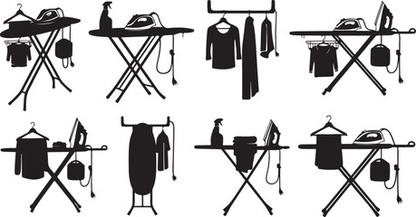 Silhouettes of ironing boards with clothes and accessories