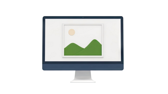 Computer displaying a minimalist landscape illustration - Powered by Adobe
