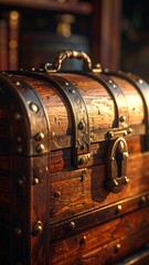 Close-up of an ornate wooden treasure chest with a metallic handle and rivets, in a warm, shadowy setting