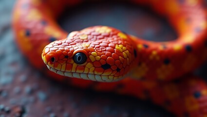 Fototapeta premium A vibrant red snake with yellow and black spots curled on a textured dark surface